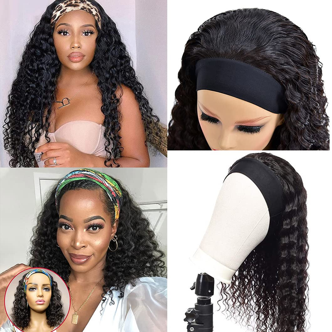 Deep Wave Headband Wig Human Hair 16 Inch Headband Wigs for Black Women Glueless None Lace Front Wigs Human Hair 150% Density Culy Human Hair Wig