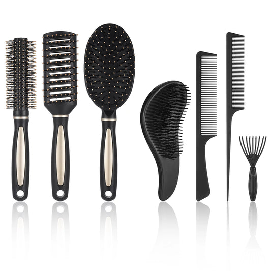 7 Pcs Hair Brush and Comb Set round Brush Paddle Brush Detangle Hair Brush and Combs Wet Dry Brush for Women Men Hair Styling(Black 7)