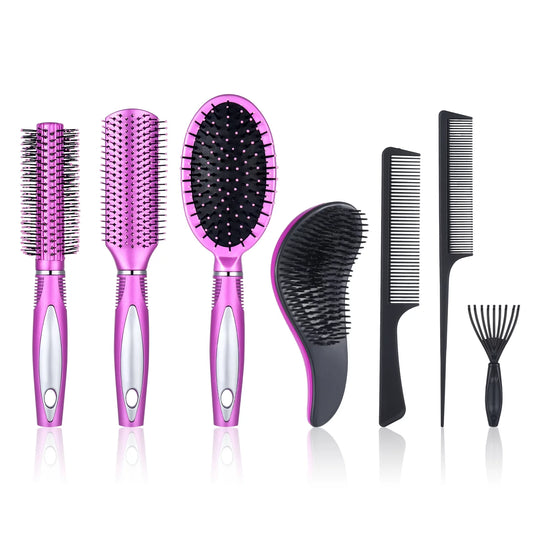 7 Pcs Hair Brush and Comb Set round Brush Paddle Brush Detangle Hair Brush and Combs Wet Dry Brush for Women Men Hair Styling(Purple 7)