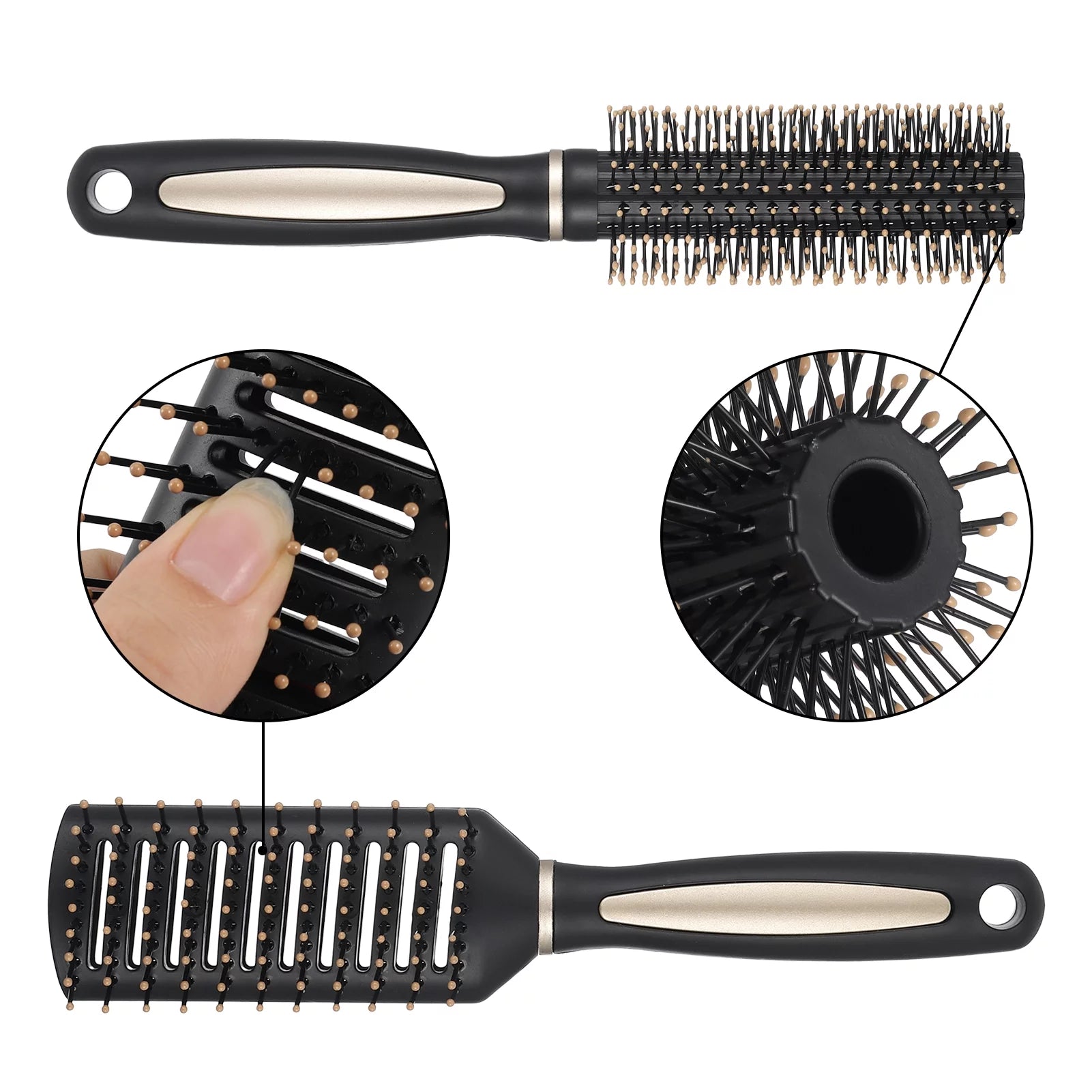 7 Pcs Hair Brush and Comb Set round Brush Paddle Brush Detangle Hair Brush and Combs Wet Dry Brush for Women Men Hair Styling(Black 7)