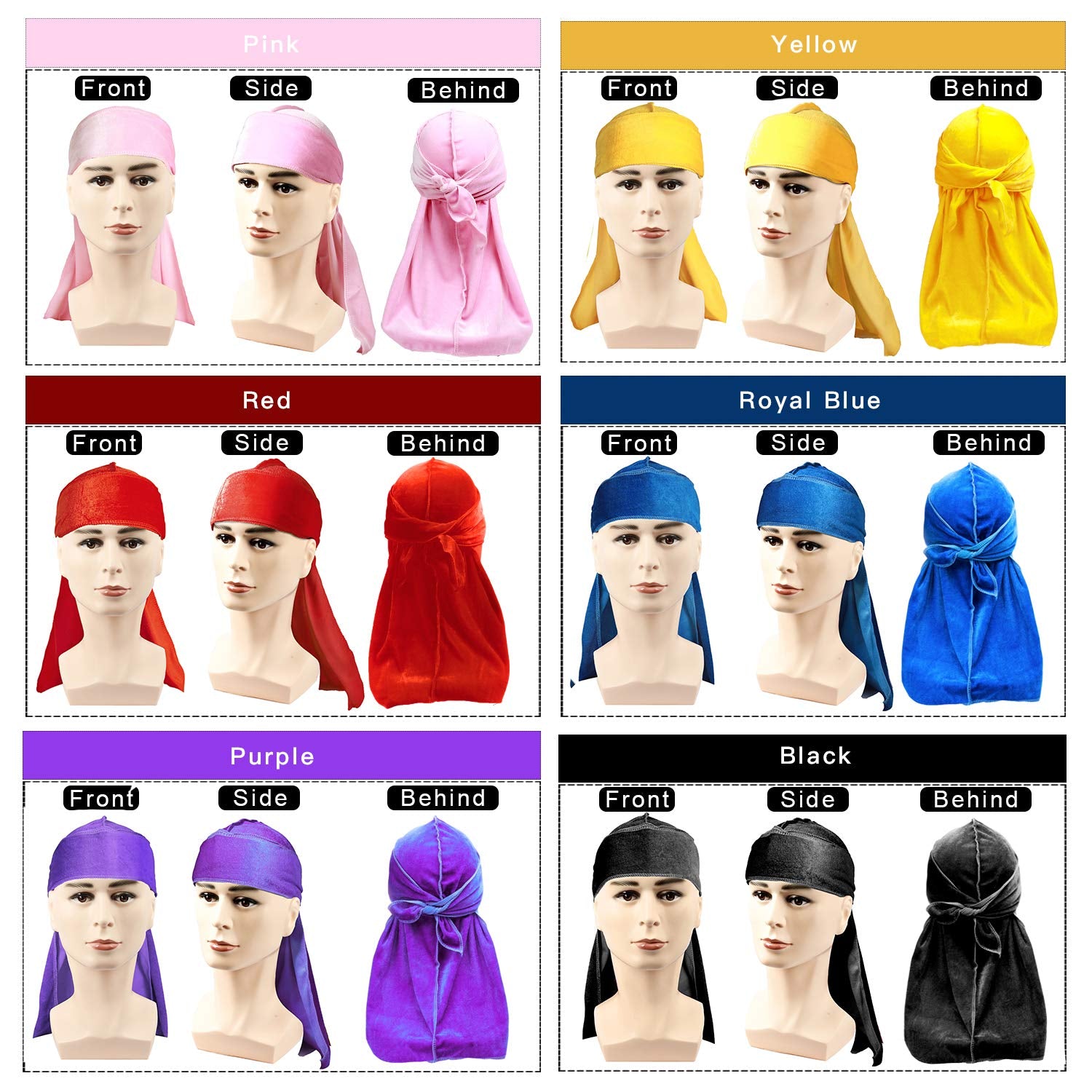 6Pcs Velvet Durag with 1 Wave Cap for 360 Waves Doo Rag(Purple, Red, Black, Pink, Yellow, Blue)