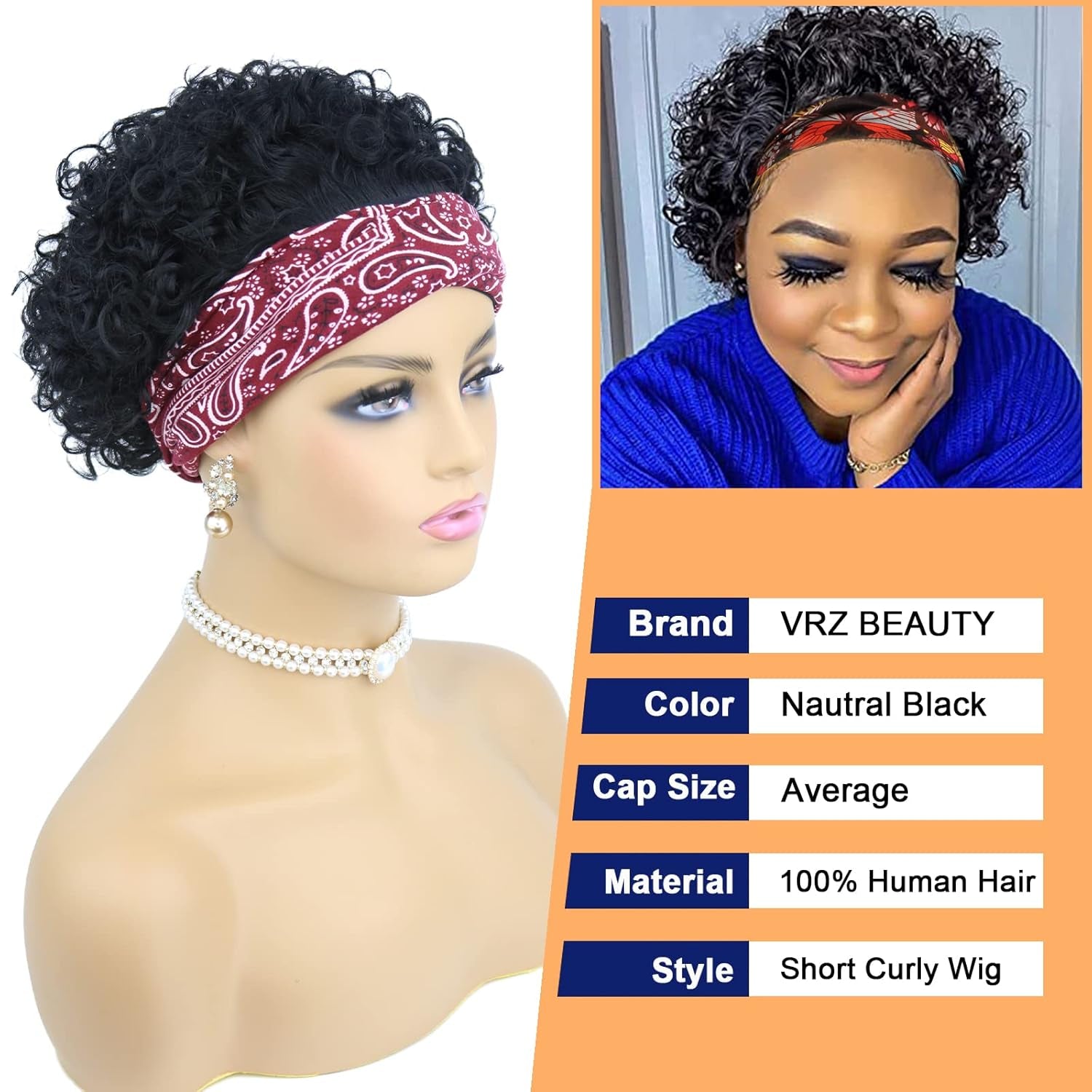 Short Curly Headband Wig Human Hair Wigs for Women Pixie Cut Kinky Curly Bob Glueless Half Wigs 150% Density Natural Black 6 Inch