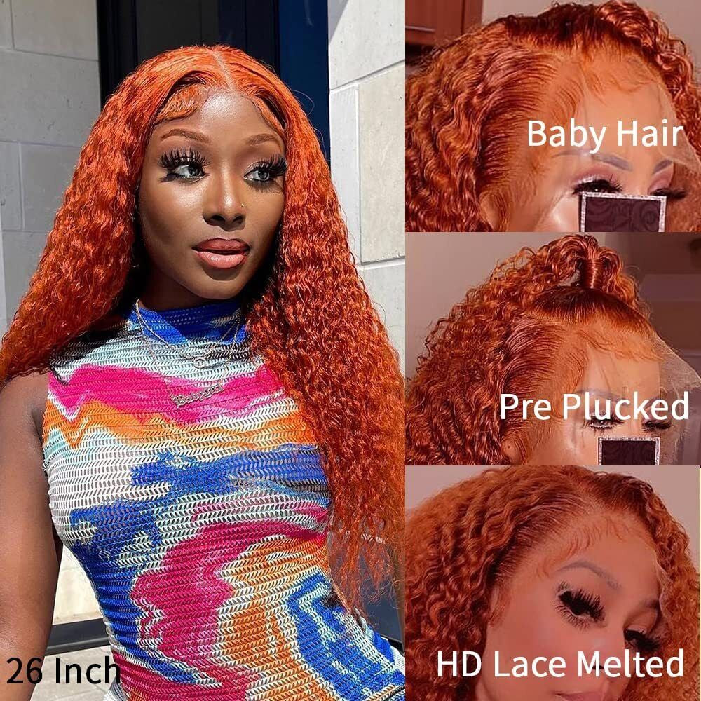 Ginger Orange Deep Wave Wigs Human Hair Colored 13X4 HD Curly Lace Frontal Wig