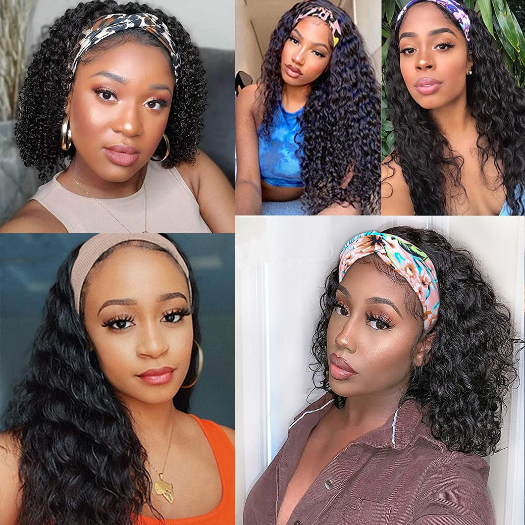 Deep Wave Headband Wig Human Hair 16 Inch Headband Wigs for Black Women Glueless None Lace Front Wigs Human Hair 150% Density Culy Human Hair Wig