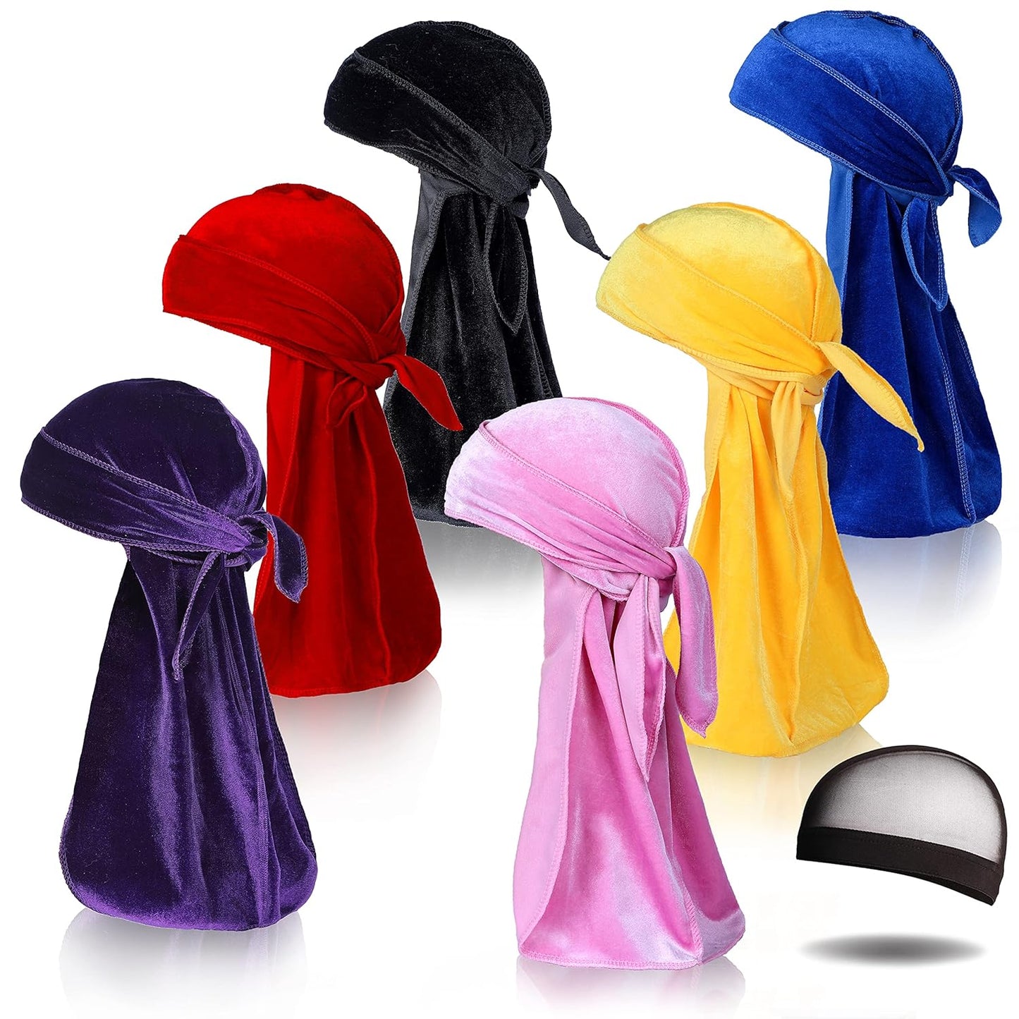 6Pcs Velvet Durag with 1 Wave Cap for 360 Waves Doo Rag(Purple, Red, Black, Pink, Yellow, Blue)