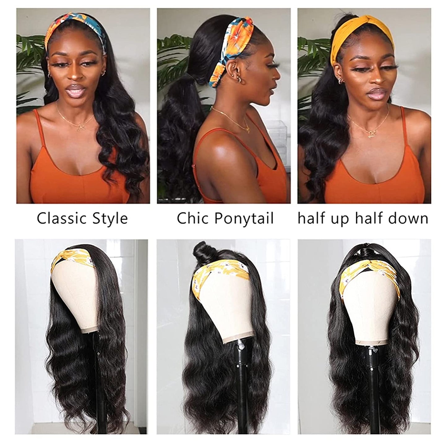 Body Wave Headband Wig Human Hair Headband Wigs for Black Women Brazilian Virgin Hair Wear and Go Glueless Wigs Human Hair Headband Wig 150% Density (18" Headband Wigs)