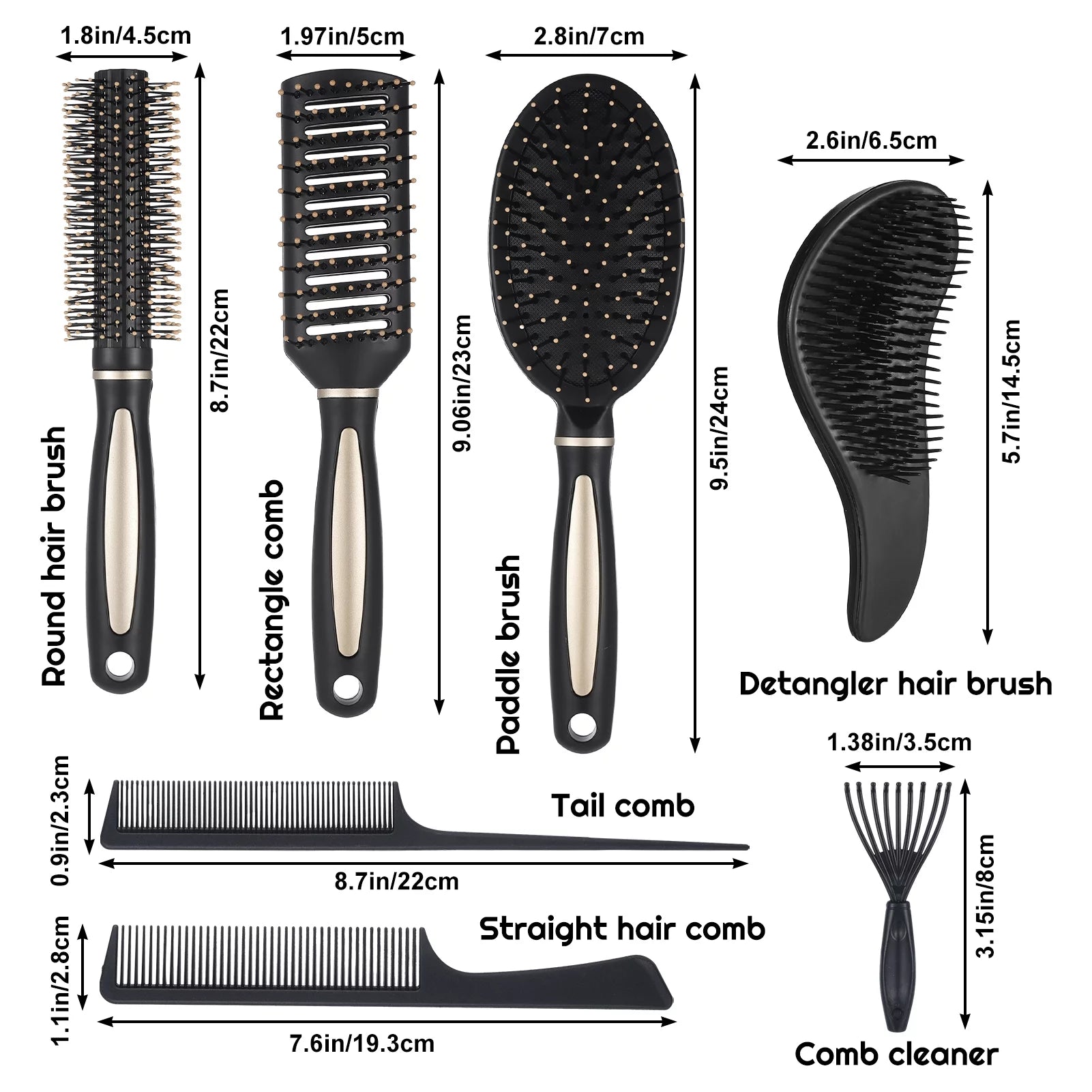 7 Pcs Hair Brush and Comb Set round Brush Paddle Brush Detangle Hair Brush and Combs Wet Dry Brush for Women Men Hair Styling(Black 7)