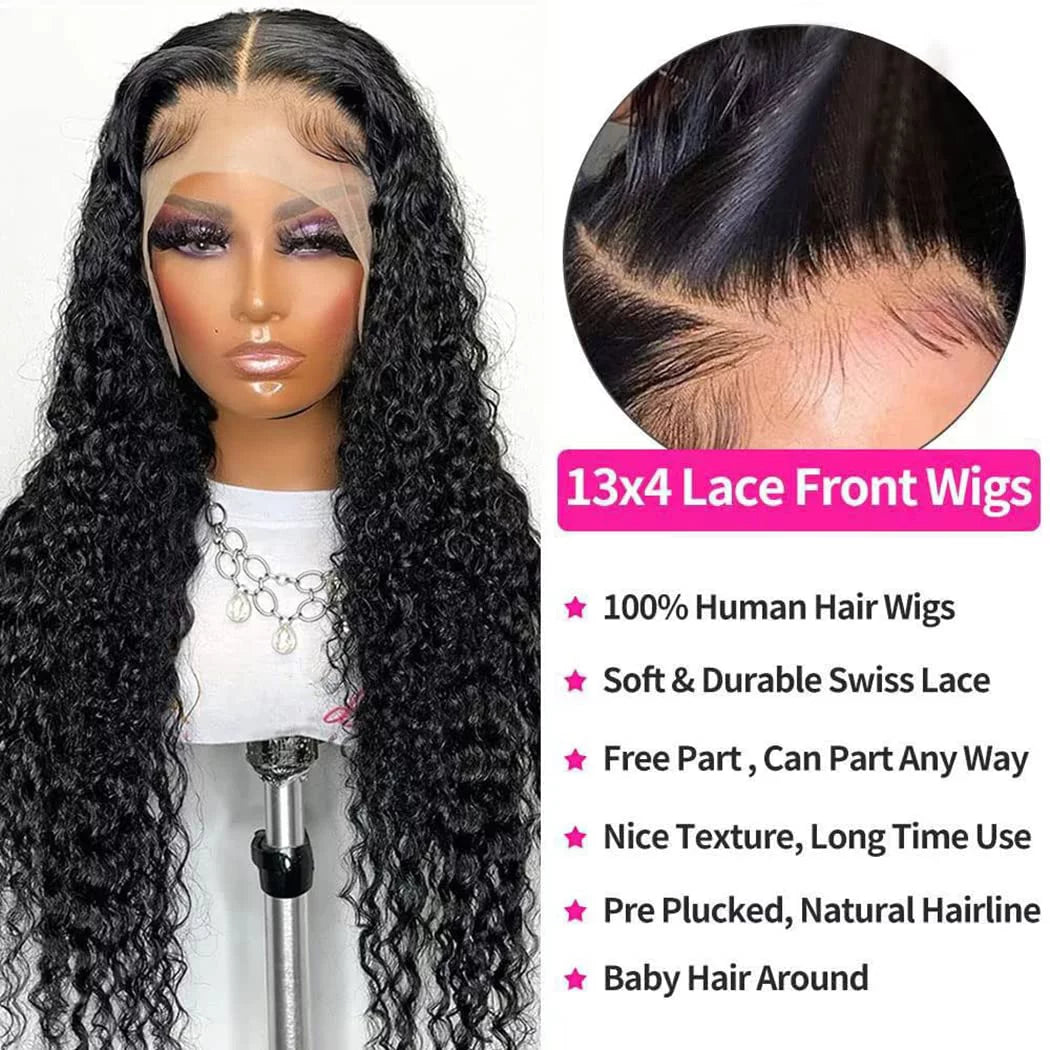 Wigs Human Hair Deep Wave Lace Front Wigs for Black Women 100% Brazilian Human Hair Pre Plucked Lacefront Wig 180% Density Natural Black Color  20 Inch