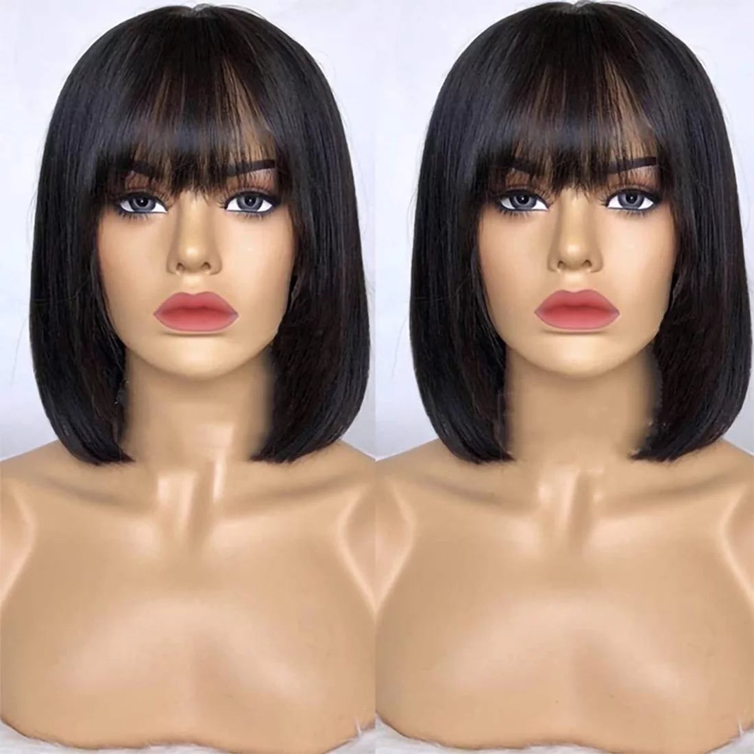 Bob Wigs with Bangs Brazilian Straight Human Hair Wigs Machine Made Bob Wig for Black Women None Lace Front Wigs Natural Color (8 Inch)