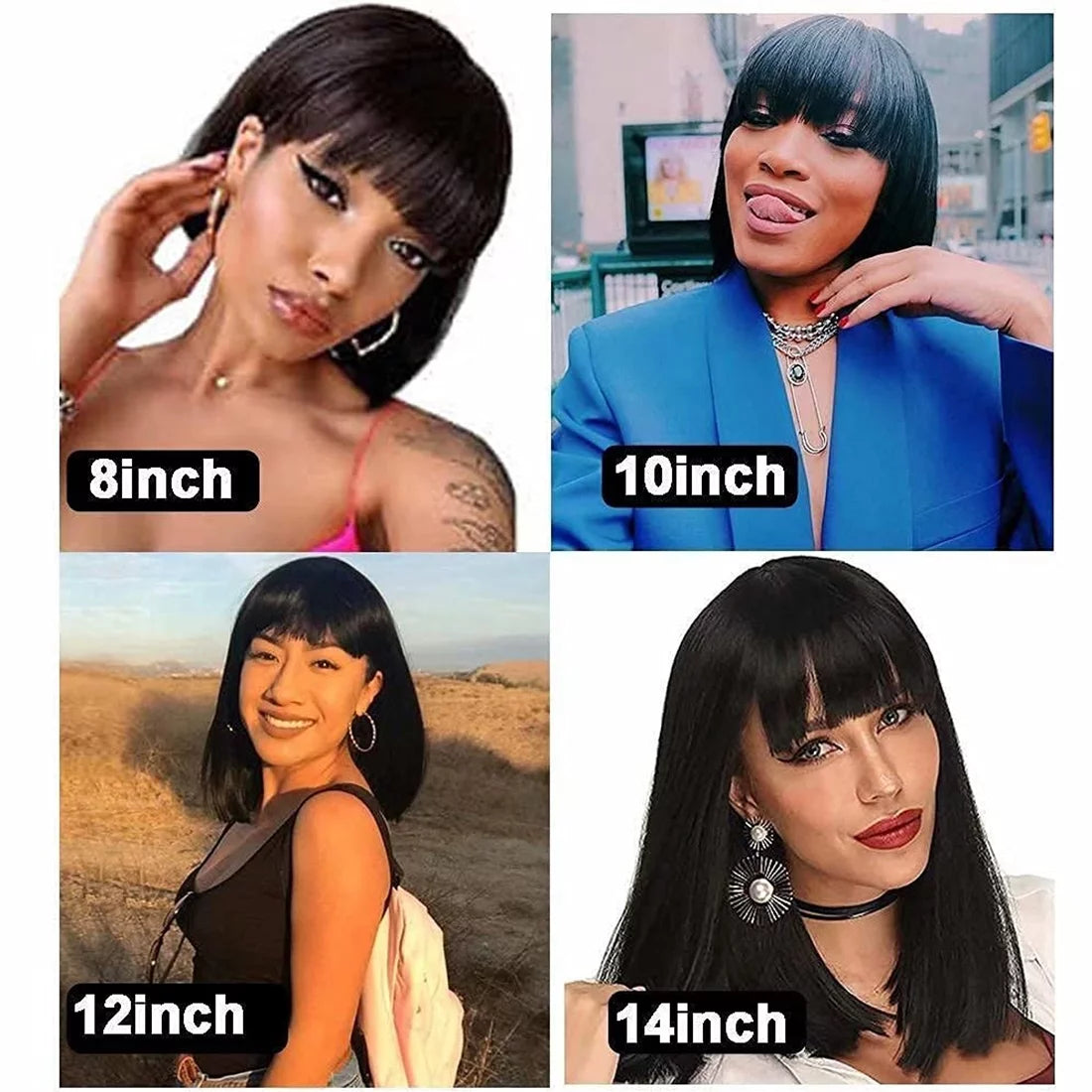 Bob Wigs with Bangs Brazilian Straight Human Hair Wigs Machine Made Bob Wig for Black Women None Lace Front Wigs Natural Color (8 Inch)