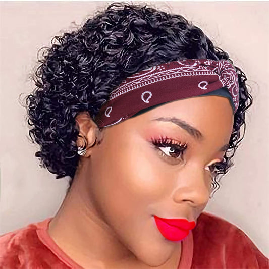 Short Curly Headband Wig Human Hair Wigs for Women Pixie Cut Kinky Curly Bob Glueless Half Wigs 150% Density Natural Black 6 Inch